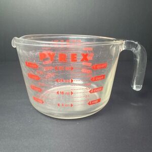 Vintage Pyrex Glass Measuring Cup 1 Quart / 4 Cups / 32 oz Red Marks Open Handle